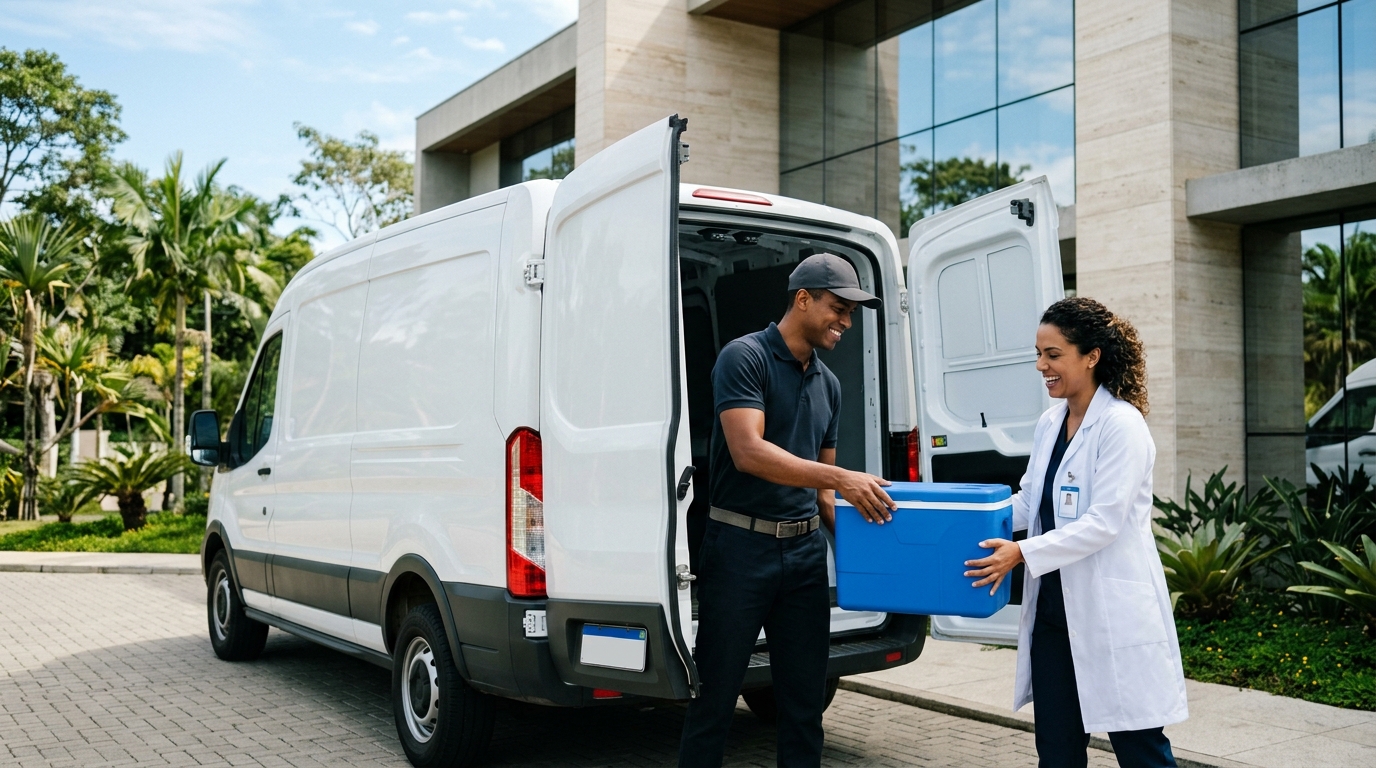 Entregador realizando entrega de medicamentos em hospital brasileiro com van branca