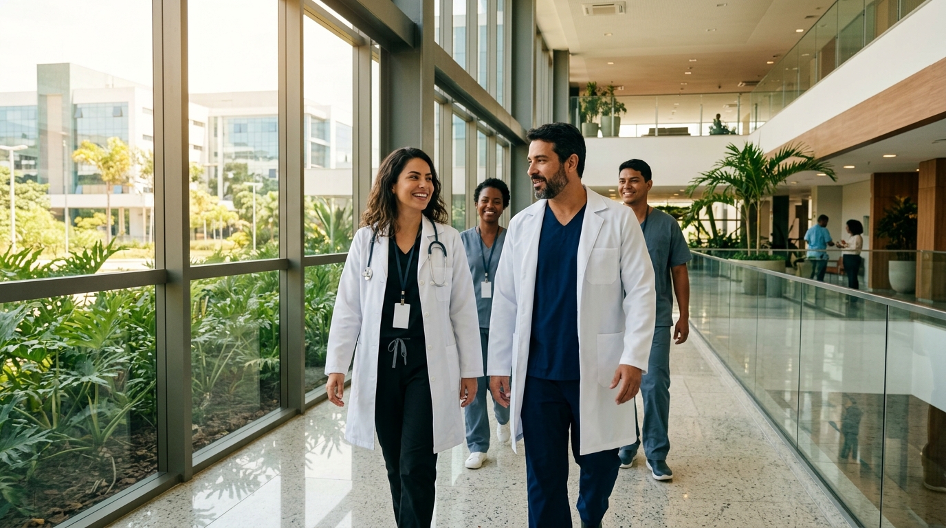 Equipe Médica e Farmacêutica em Hospital Moderno no Brasil